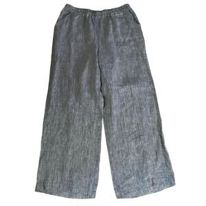 Karen Seo Size XL 100% Linen Wide Leg Pants Pull On Blue Pockets Handmade